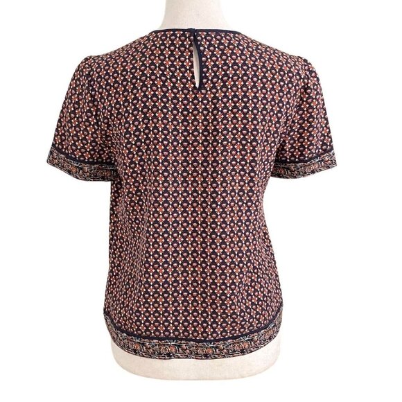 TORY BURCH 100% SILK SHORT SLEEVE BOXY TOP IN ORANGE BLUE FLORAL GEO PATTERN - 2 - Picture 3 of 10